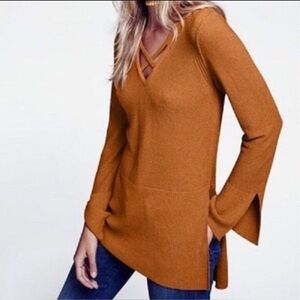FREE PEOPLE Criss Cross Ginger Root Ochre Linen Blend Tunic Sweater Dress Size M